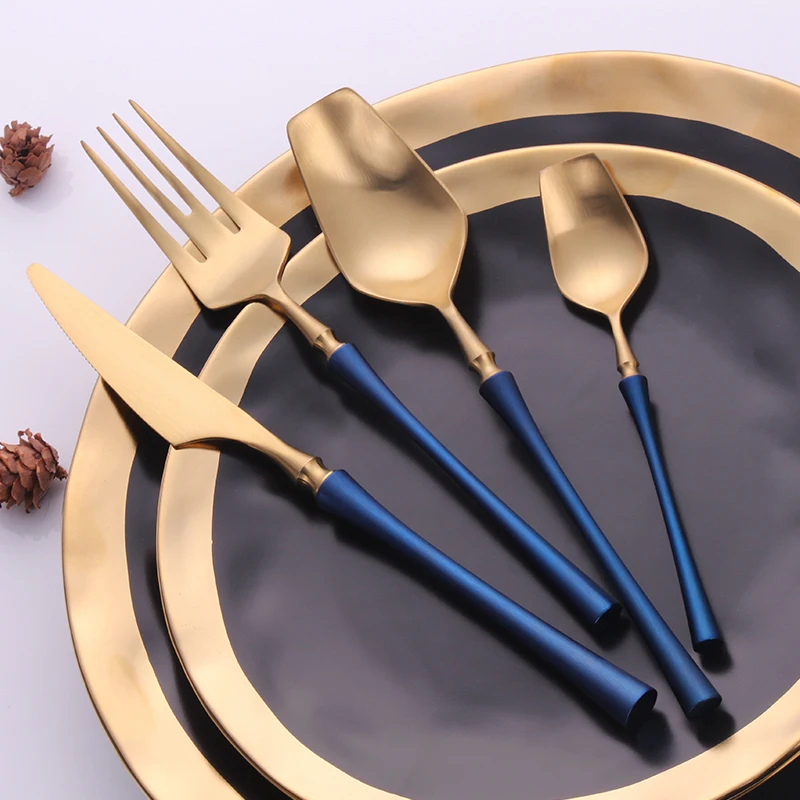 4/24Pcs Golden Cutlery Sets Matte Complete Stainless Steel Dinnerware Set Mirror Black Tableware Kitchen Knives Spoons and Forks