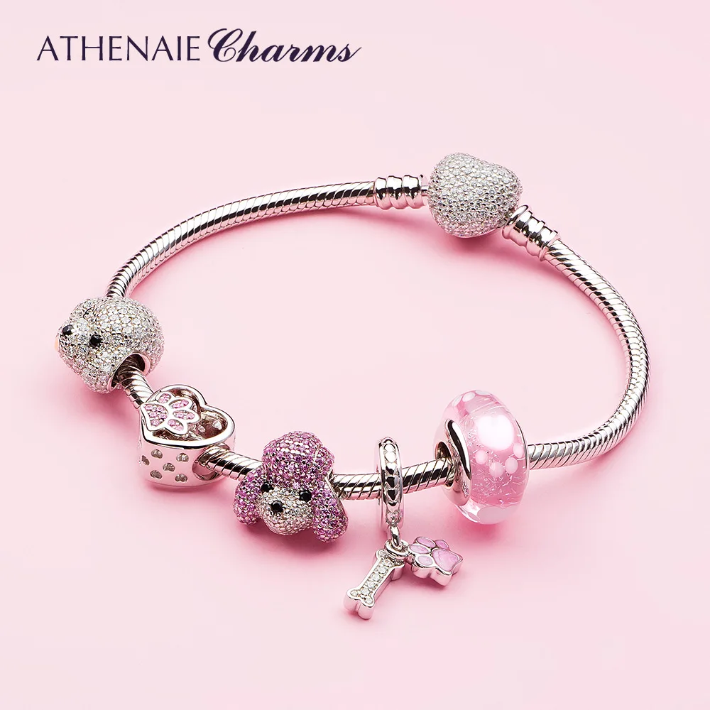 ATHENAIE 925 Sterling Silver Sparkling CZ Lovely Pet Paw Prints Heart Charms for European Bracelet Necklace Jewelry