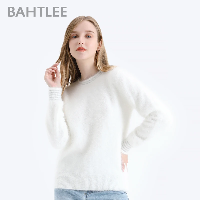 BAHTLEE-Women\'s Angora Wool Sweater, Knitted Jumper, Long Sleeves, O-Neck, Silver Wire Suit, Basic Style, Autumn, Winter