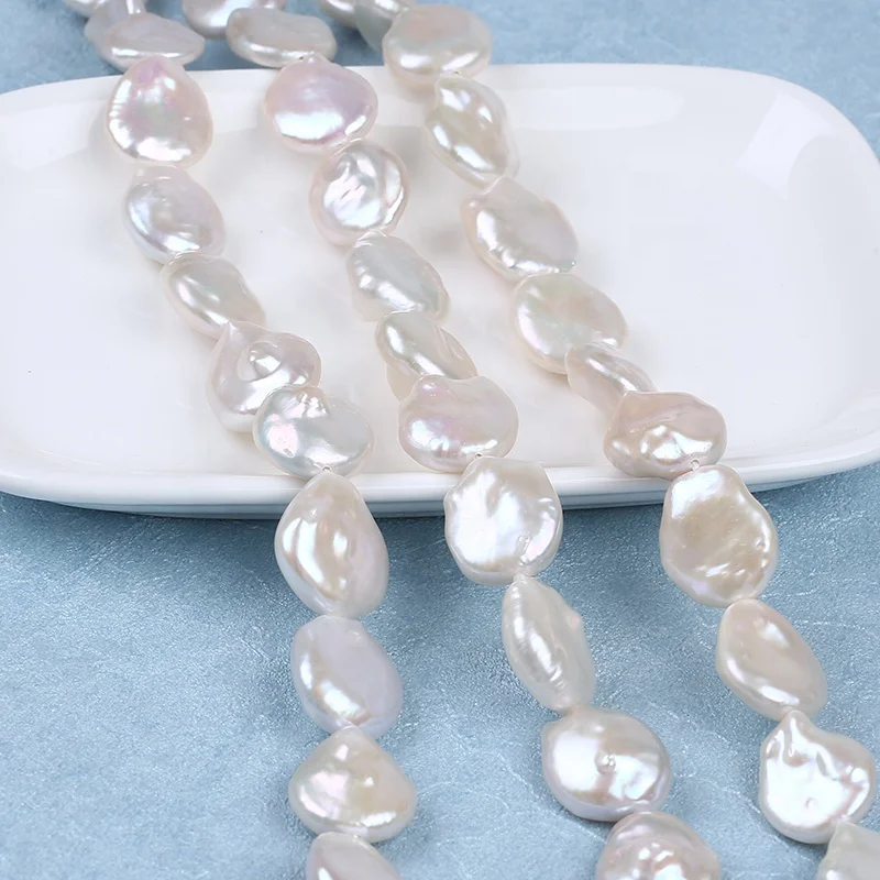 

14-15mm White Coin Keshi Pearl With Tail Natural Freshwater Pearls String Strands For Women Jewelry Making