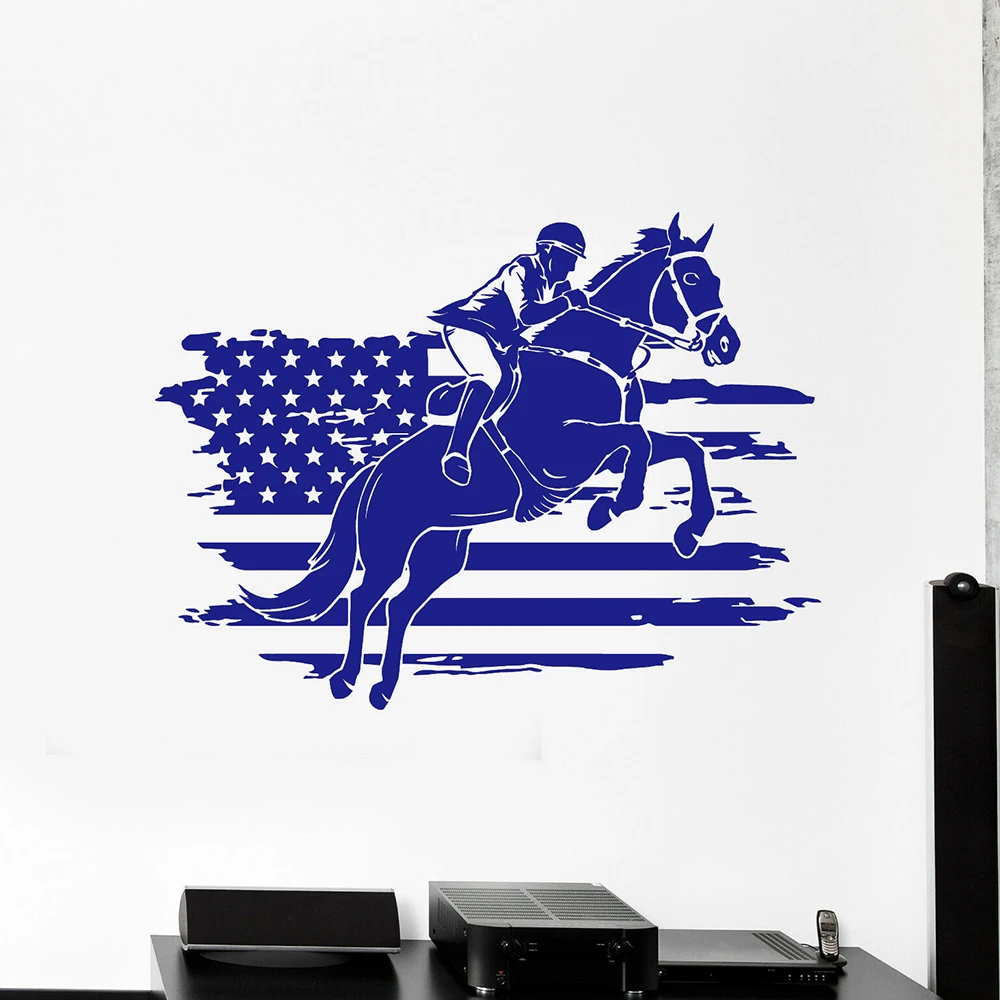 American Flag Wall Decal Jockey Horse Race Jump Sports Vinyl Wall Stickers Home Decoration Accessories For Living Room Z556