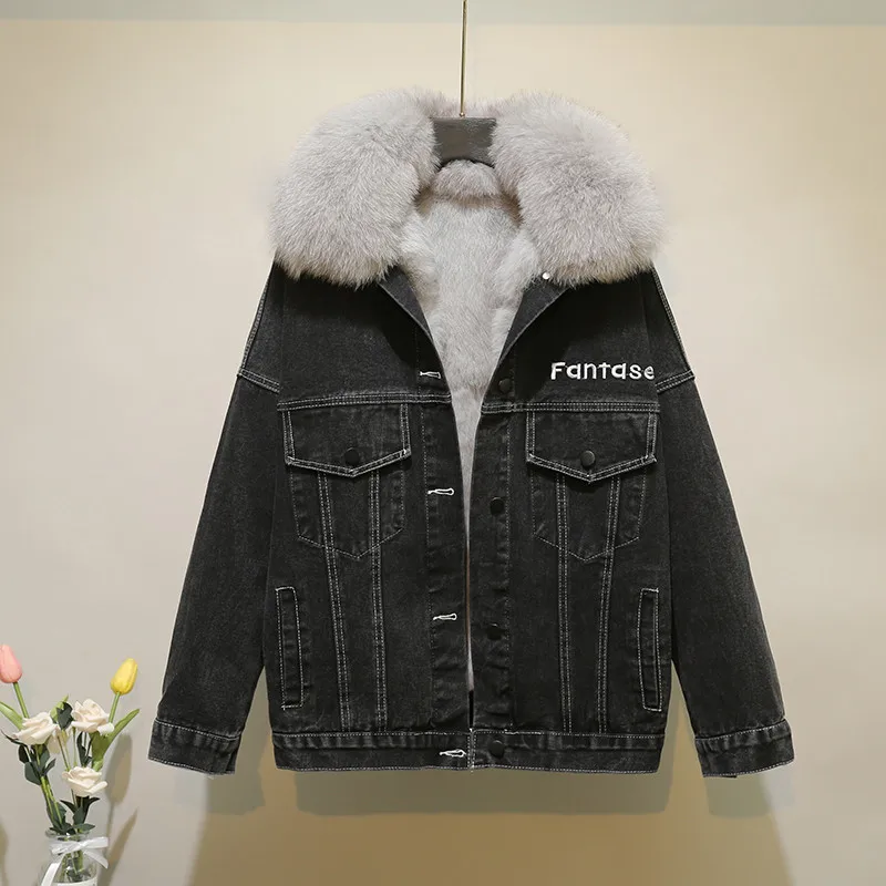 Imagem -03 - Inverno Real Gola de Pele de Raposa Denim Jaqueta Feminina Coreano Solto bf Estilo Grosso Cabolsa de Pele Quente Algodão Bordado Parka 2023