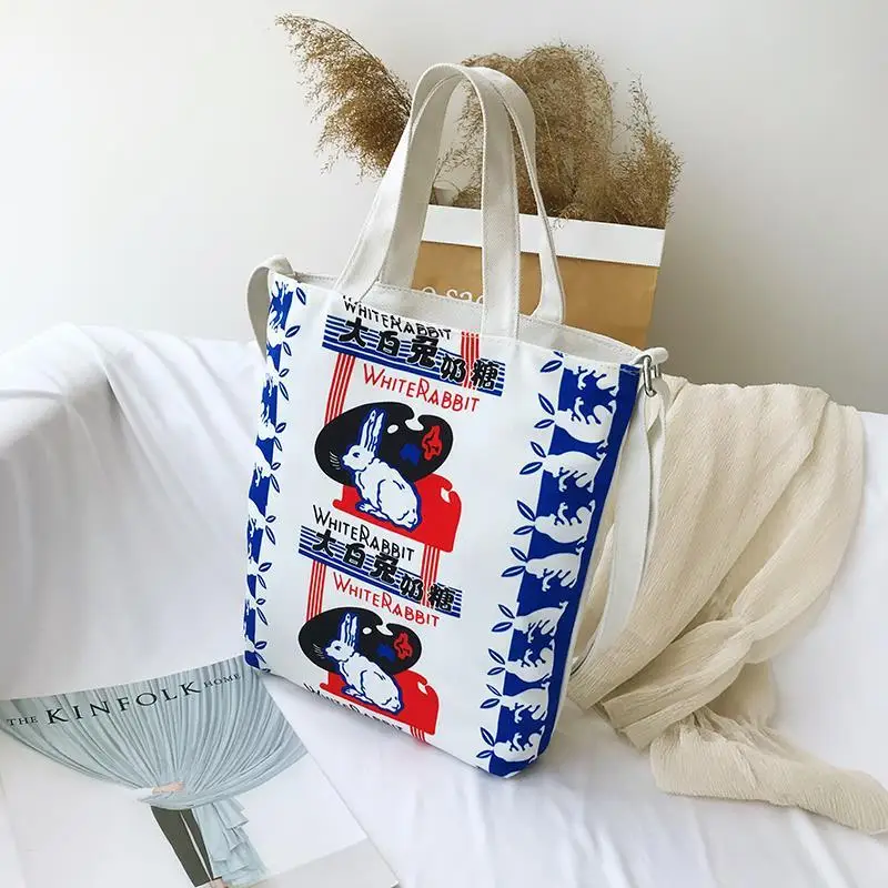 Vintage Rabbit Women Canvas Messenger Bag Large Capacity Student Girl Shoulder Bags Ladies Reusable Shopping Bag Tote Handbags