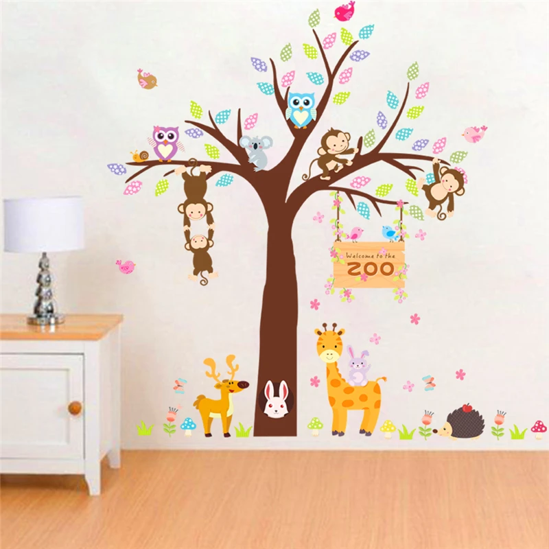 lovely owl monkey giraffe tree zoo wall stickers for kids rooms home decor cartoon animals wall decals pvc mural art diy posters