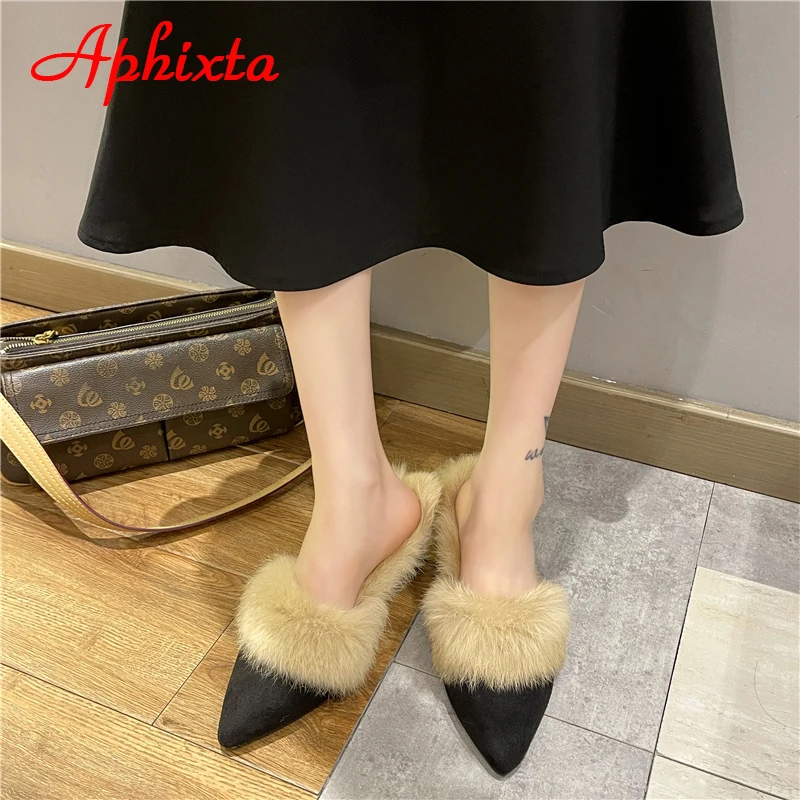 Aphixta Warm Real Rabbit Hair Slippers Women Shoes Winter Pointed Toe Luxury Real Fur Square Heel Lady Mujer Indoor Slides