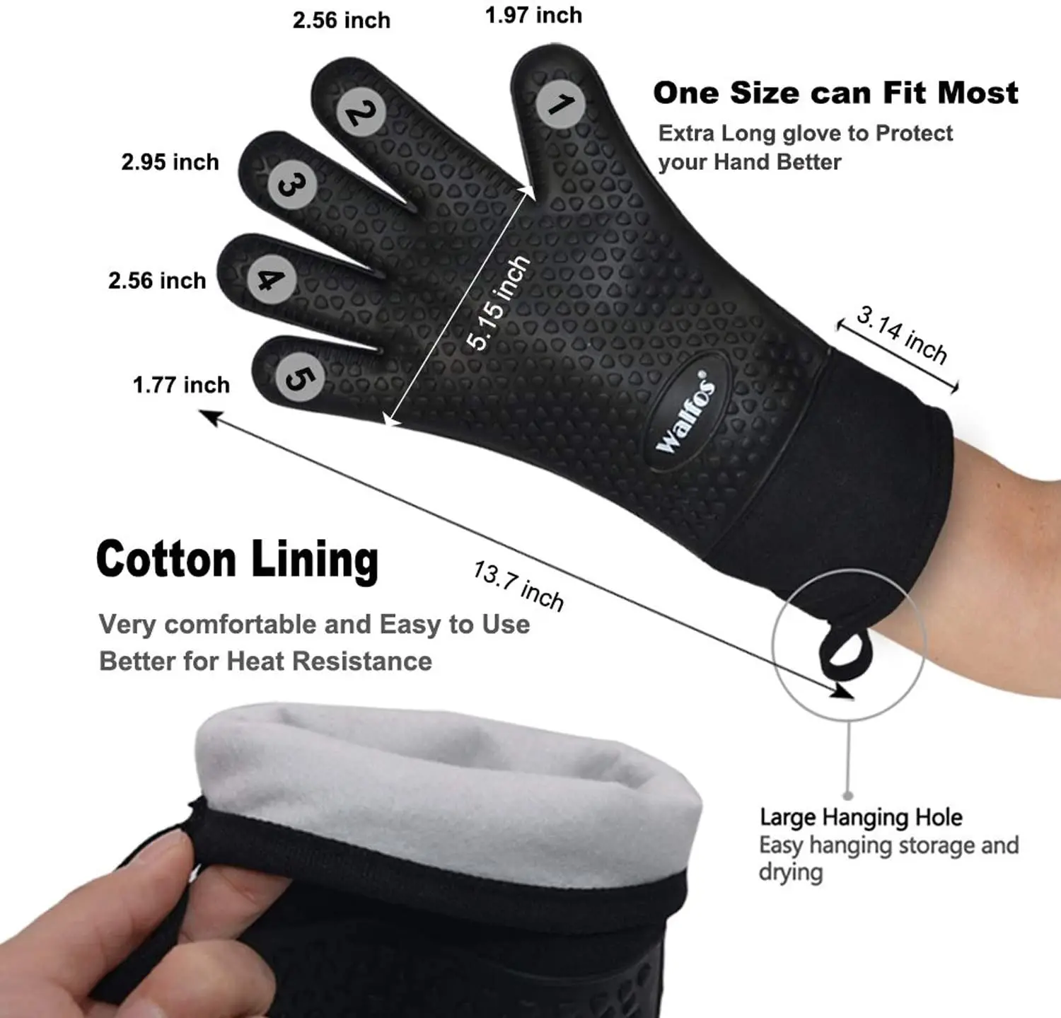 Walfos 1 Piece Long Silicone Kitchen Gloves Grill Gloves Heat Resistant Cooking Gloves For Grilling Microwave Oven Mitts Gloves