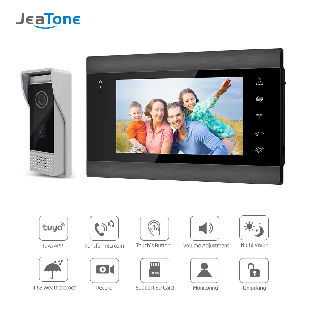 Jeatone 7 Zoll Wireless Wifi Video Intercom Türklingel system mit Schloss für die Heim unterstützung Remote Unlock Motion Record Doorman