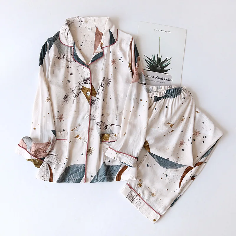 Spring And Summer New Ladies Pajamas Set Simple Style Floral Printed Loose Sleepwear Women Full Cotton Cardigan+Pants Homewear