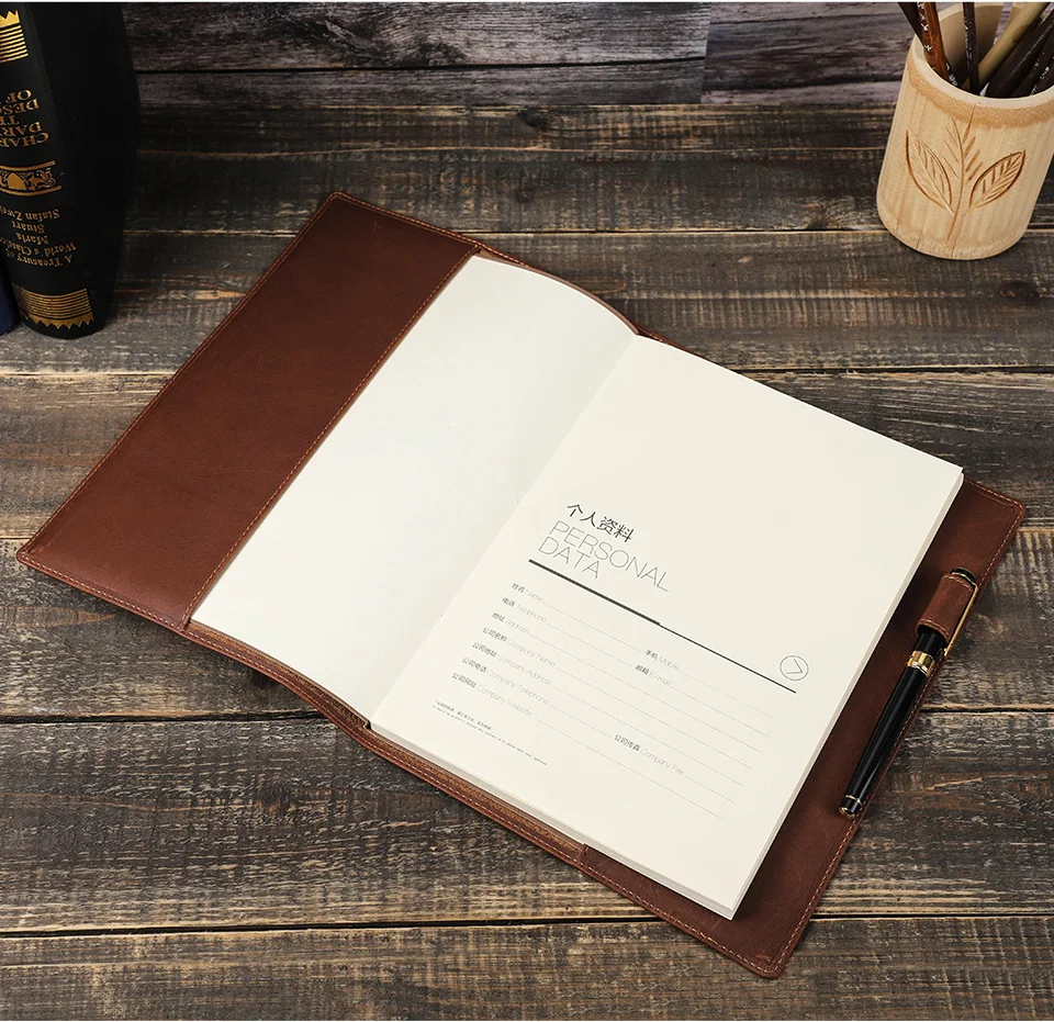 Retro-Buchhülle aus echtem Leder mit Stifthalter, Business-Notizblock, Notizbuch, Buchhülle, Büro, Schulbedarf – Detail 8