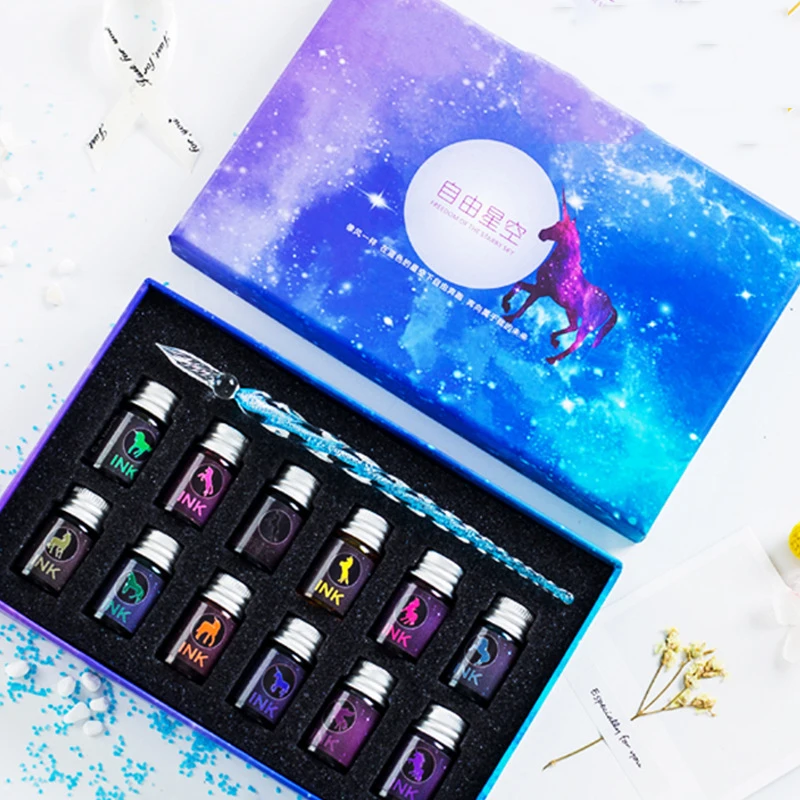 13/7Pcs Crystal Glass Pen Starry Sky Unicorn Dip Pen Glitter Powder Fountain Pen 12 Colors Ink Gift Box Set Writing Supplies