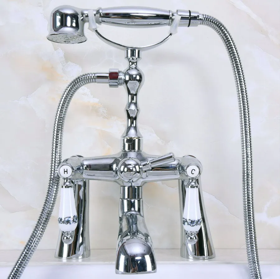 Brass Polished Chrome Deck Mounted ClawFoot Bathroom Tub Faucet Dual Ceramic Handles Telephone Style Hand Shower Head ana113