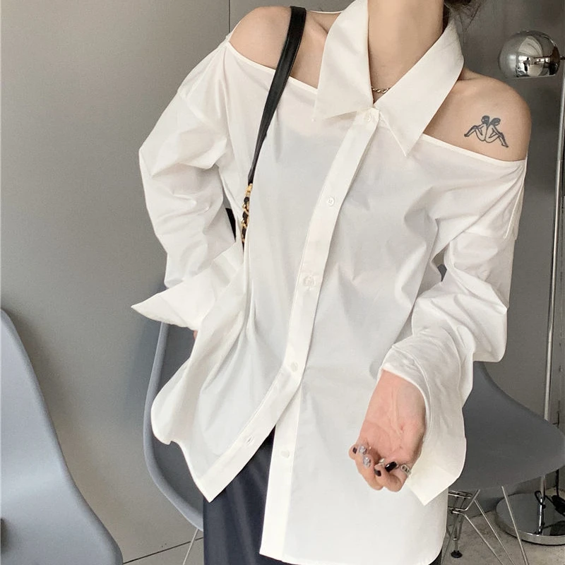 Shirts Women White Fashion Korean Style Vintage Turn-down Collar Office Lady Hollow Out Sexy Off Shoulder Loose Street Elegant