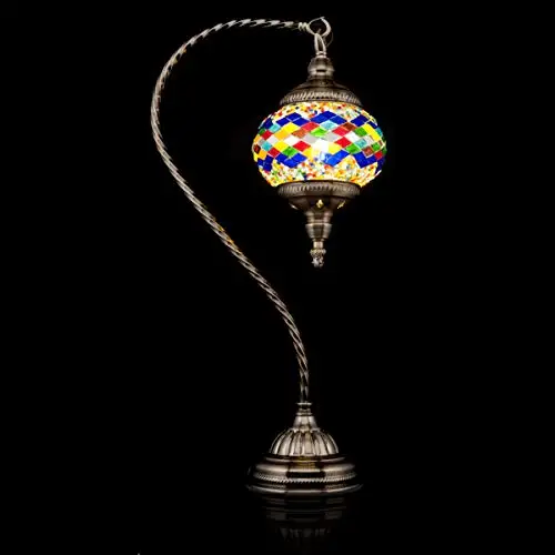 Handmade Turkish Glass Mosaic Table Lamp with Swan Neck Pole and Mosaic Lantern for Room Decoration (Purple, blue)