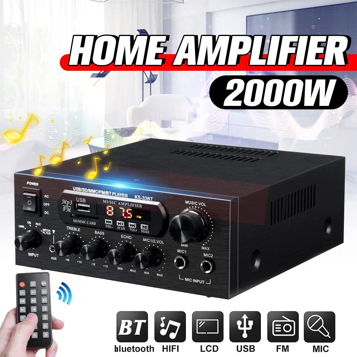 2000W Home Amplifiers Audio 220V Bass Audio Power Bluetooth Digital Amplifier Hifi FM USB SD LED  for Subwoofer Speakers