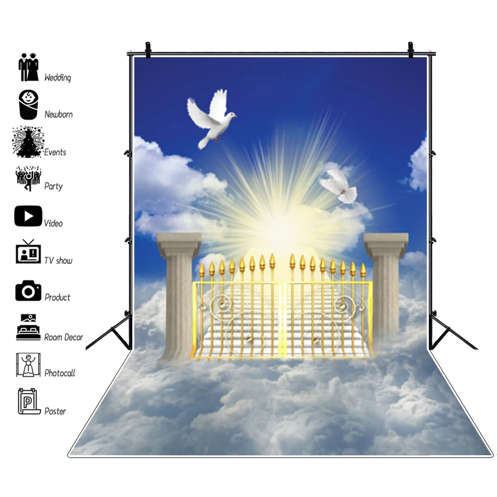 Laeacco Wonderland Shinny Cloudy Stairs To Sky Photography Backgrounds Heaven Holy Cross Jesus Room Decro For Photo Backdrops