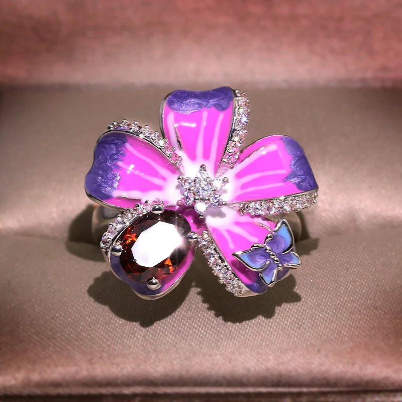 Exquisite Purple Flower Butterfly Ring 925 Silver Ladies Jewelry Handmade Enamel Female Wedding Ring Party Jewelry