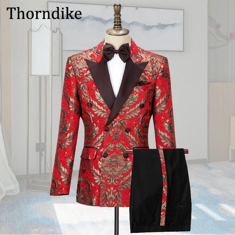 Thorndike Tailored Red Wedding Tuxedos Men Formal Party Prom Suits Set,Peaked Lapel Print Custome Homme Mariage,Blazers + Pants