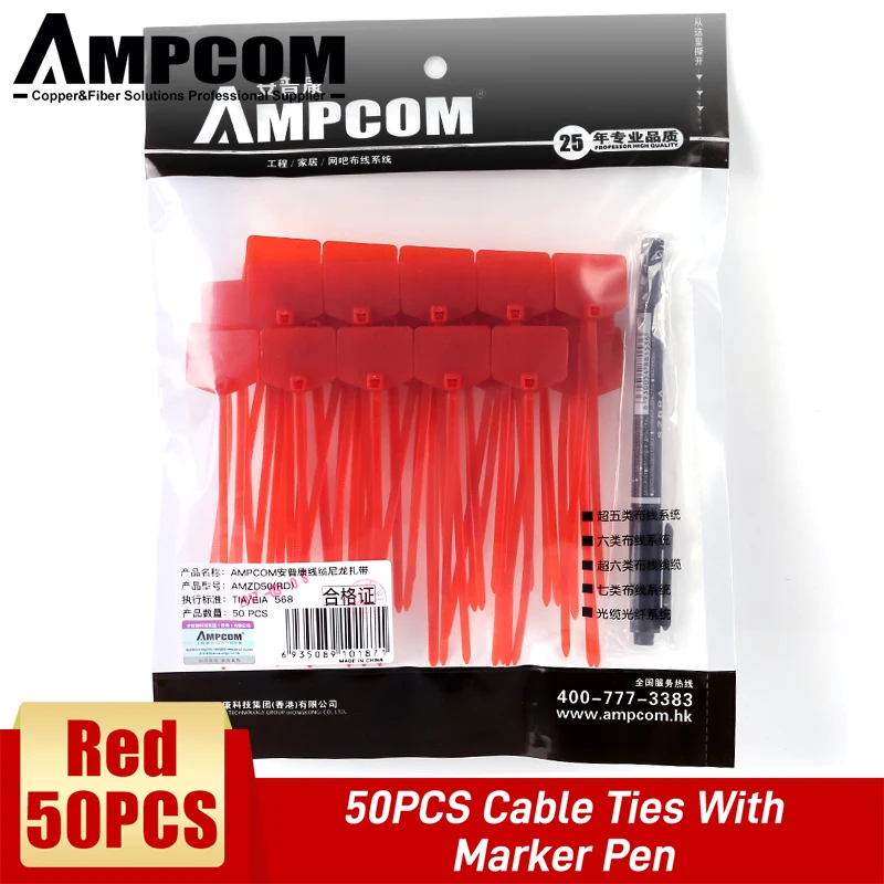 AMPCOM Nylon Kabelbinders met Markering - Beschrijfbaar op Ethernet-kabel | Zelfvergrendelend | Gratis afdrukbare etiketten - 4,72 inch, 5 kleuren