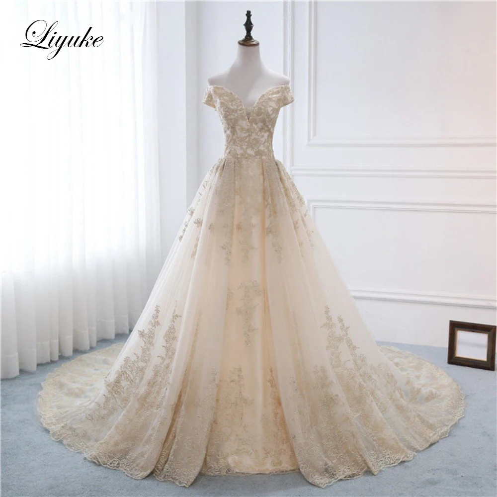 

Liyuke Champagne Lace Of A Line Wedding Dress Strapless Bride Dress Court Train