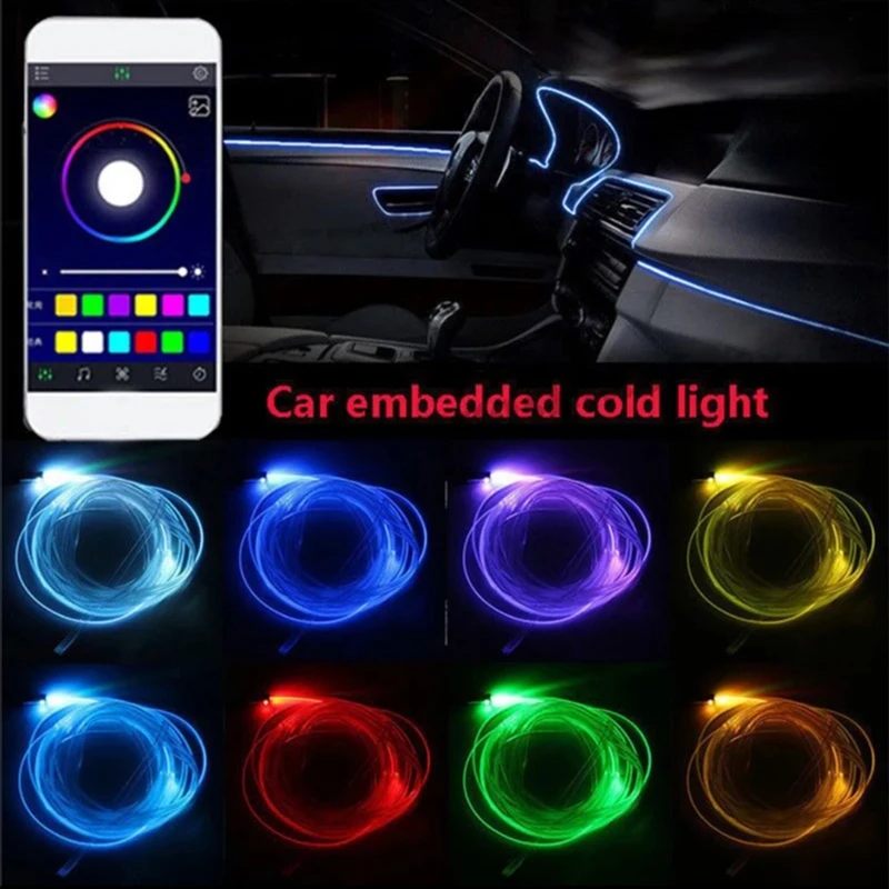 6 in 1 RGB LED Atmosphere Car Light Interior Ambient Light Fiber Optic Strips Light by App Control DIY Music 8M Fiber Optic Band