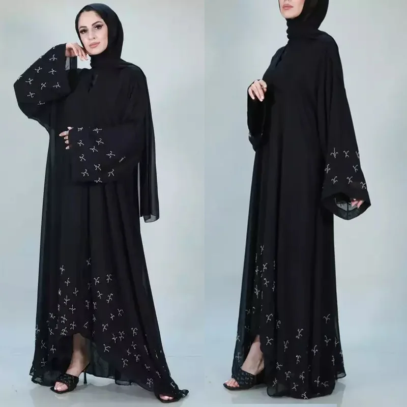 Hand made Hot drilling beading muslim peignoir Robes syari Dubai Fashion female full length Abaya Muslim Dress with belt WY152