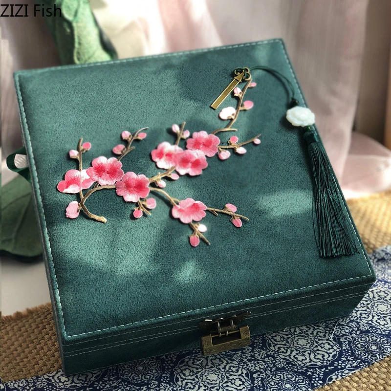 Peony Flower Embroidery Makeup Box Dressing Table Bracelet Jewelry Organizer Earrings Hanging Rack Separate Grid Storage Box