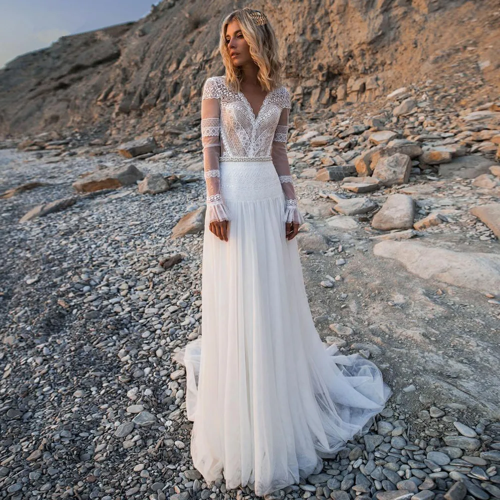 Robes de mariée élégantes à col en V Boho, perles, manches longues, dentelle, quoi que ce soit avec train, tulle plissé, mariée, 2023