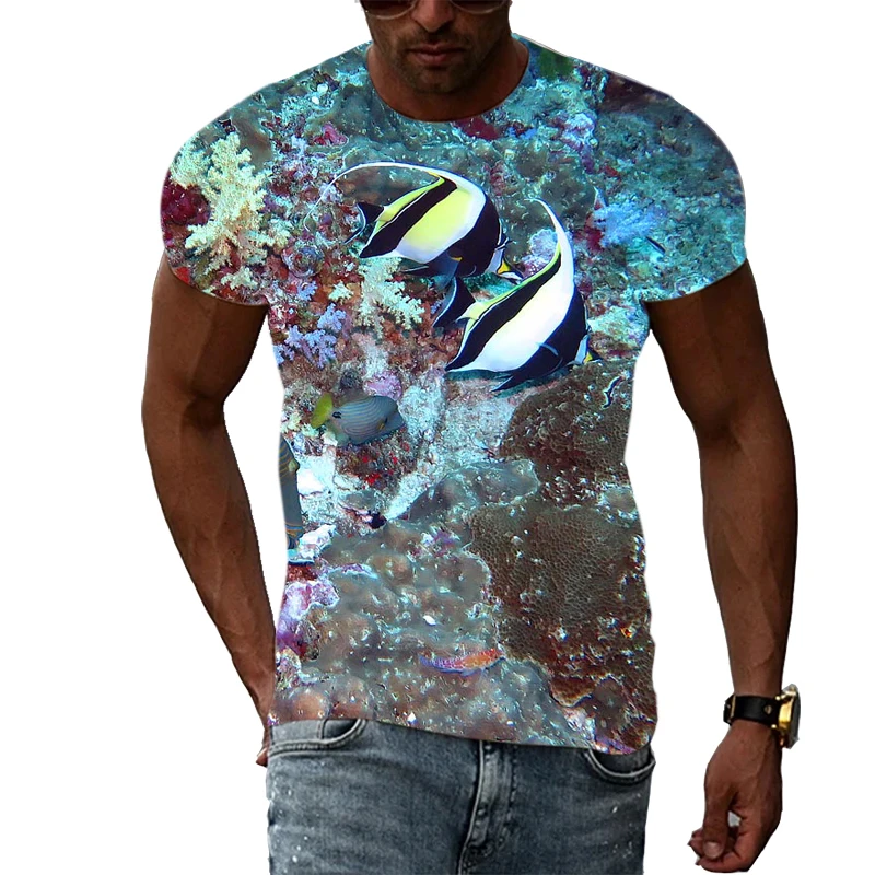 Interesting The underwater world graphic t shirts Men Summer Trend Casual Fish Pattern Print T-shirt Personality Hip Hop tshirt