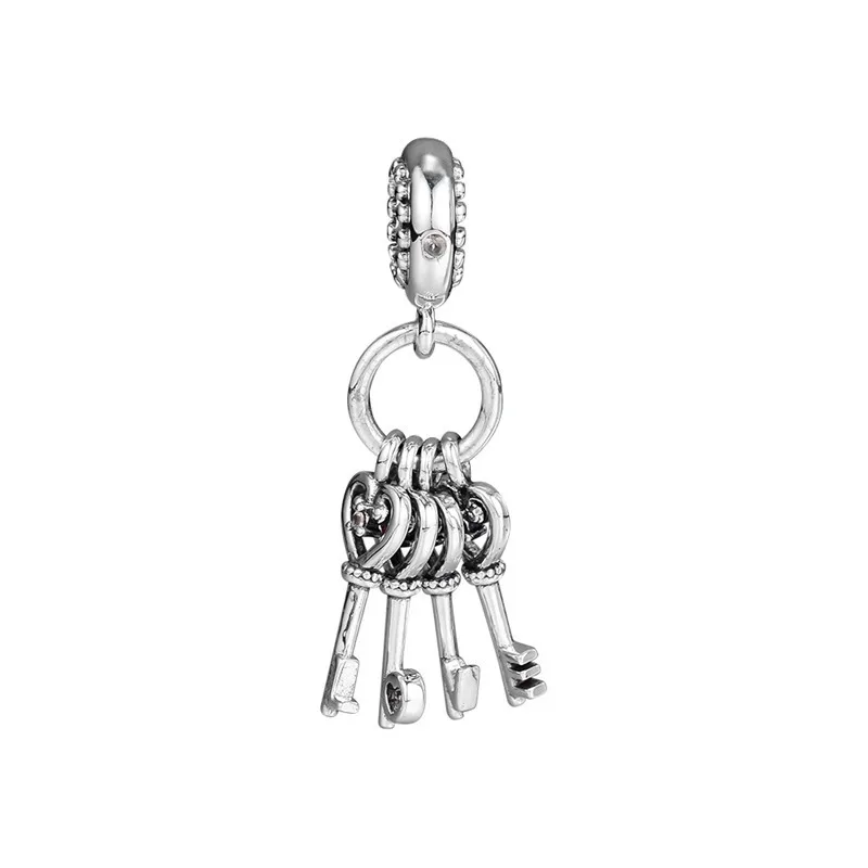 925 Sterling Silver Keys of Love Hanging Charms for Bracelets Women DIY Mixed Color Stone Heart Key Pendant Charm Jewelry Making