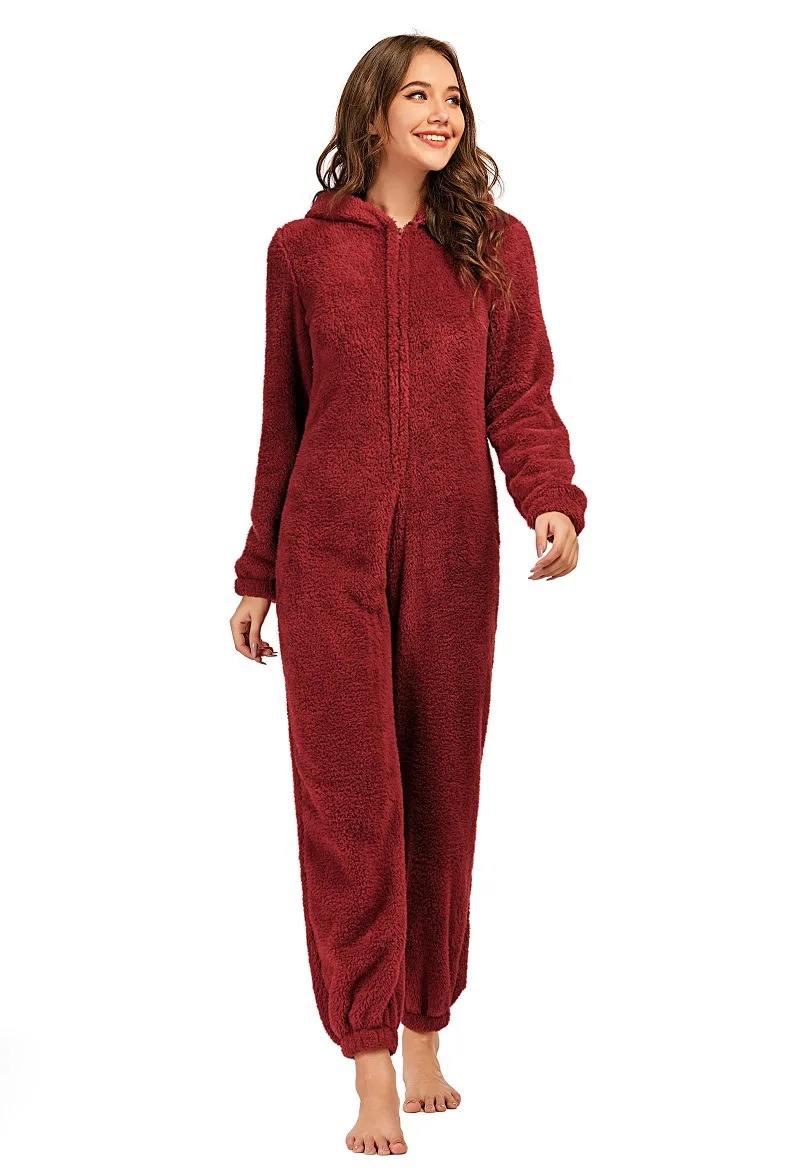 Women\'s Winter Warm Pyjamas Girls Onesies Fluffy Fleece Jumpsuits Nightwear Overall Hooded Sets Pajamas for Female Plus Size