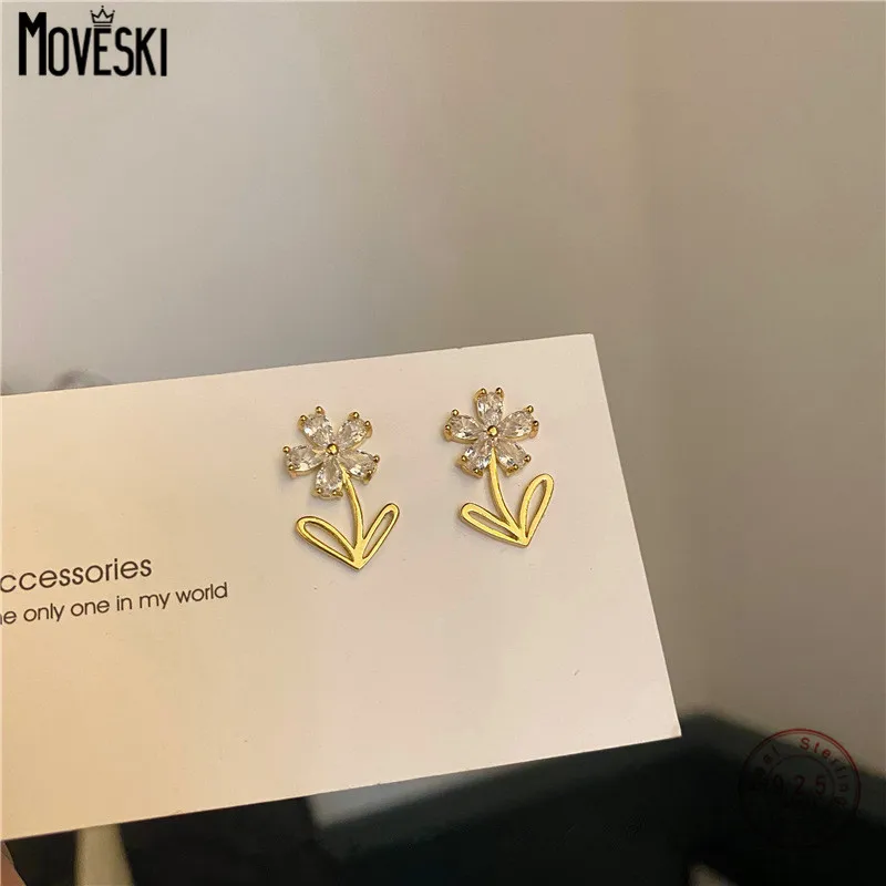 

MOVESKI Real 925 Sterling Silver Flower Zircon14K Gold Stud Earrings For Women Vintage Fine Jewelry Accessories Drop Shipping