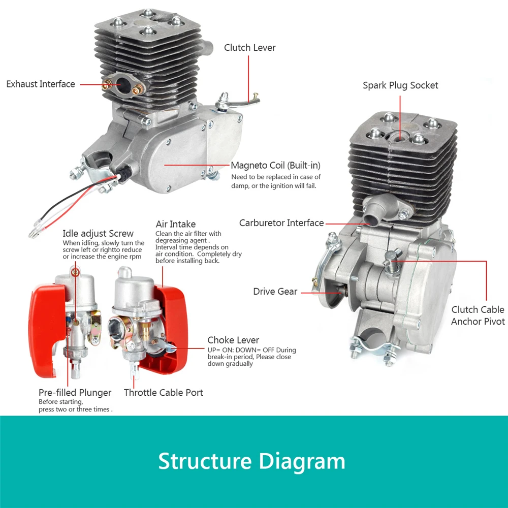 Kit de moteur de vélo à gaz doré, jeu d\'embrayage de moteur de vélo électrique, accessoires de bricolage, invitation, 2 temps, 80cc, 100cc