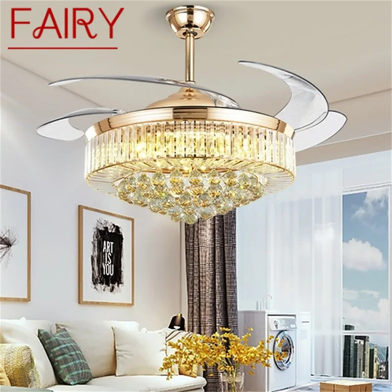 

FAIRY Ceiling Fan Light Invisible Luxury Crystal Silvery LED Lamp With Remote Control Modern For Home