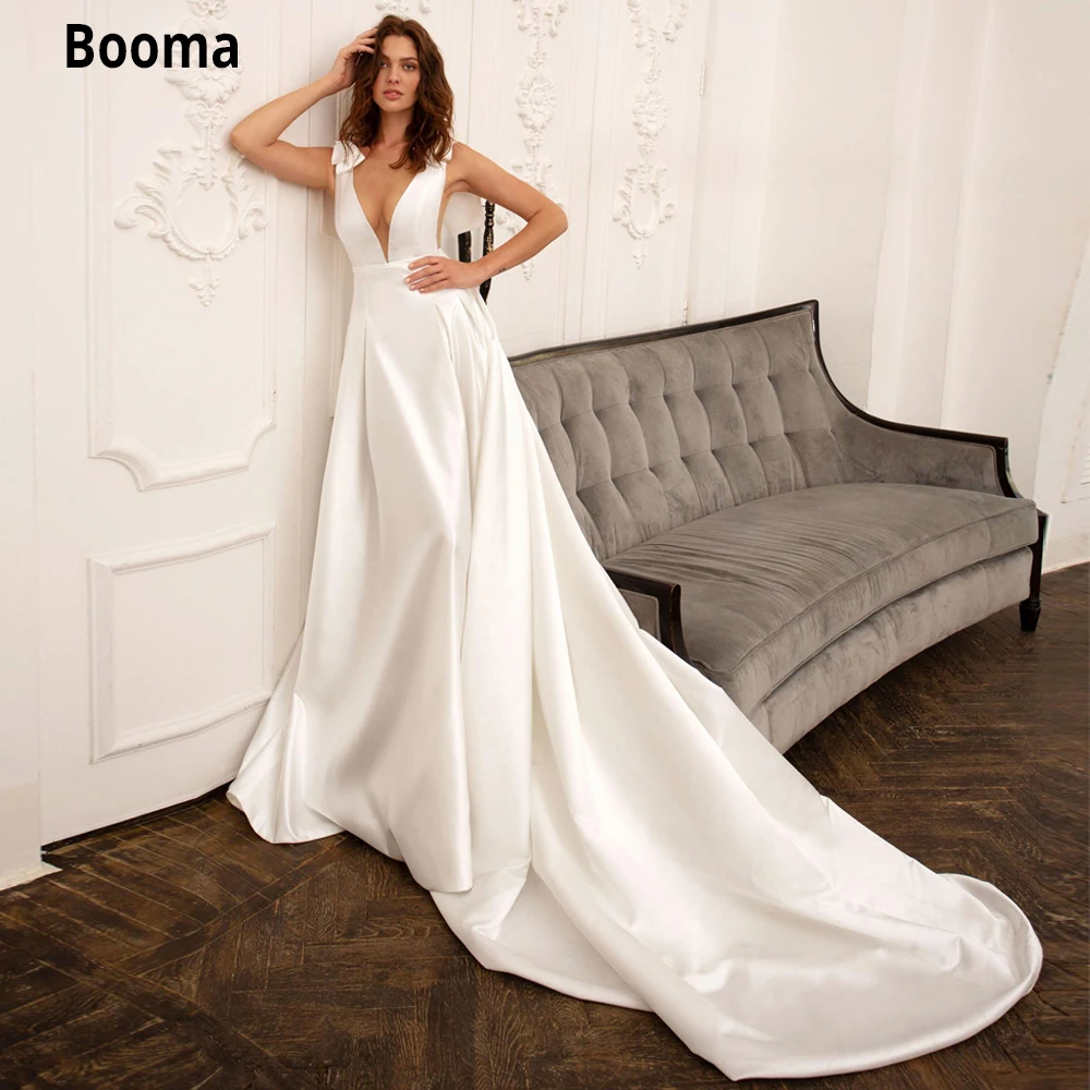 

Booma Simple Satin Wedding Dresses with Long Train 2020 V-neck Backless Sleeveless Beach Boho Bridal Gown Plus Size Custom Made