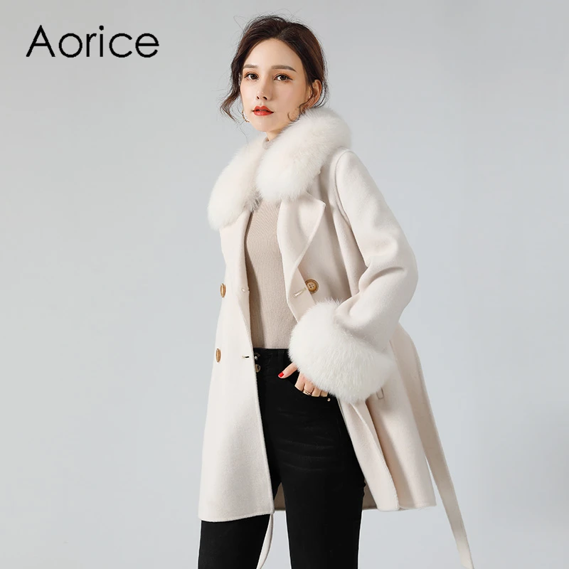 

Aorice Women Winter Fox Fur Parka Wool Blends Coat Jacket 2020 New Real Fox Fur Collar Long Trench Coats Jackets Z20096