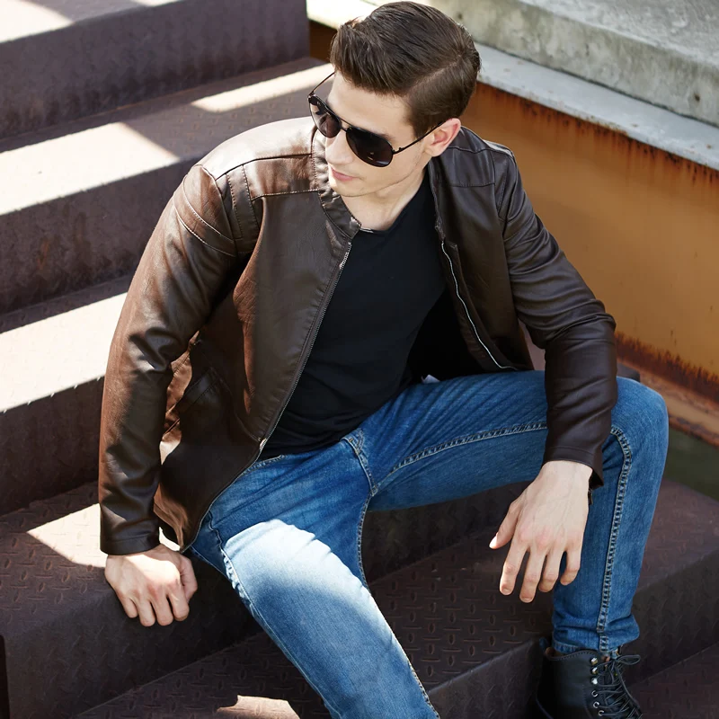 

Men Leather Jacket Nice Pop Standing Collar Leather Jacket for Men Slim Leather Coat for Men Fashionable Leather Coat