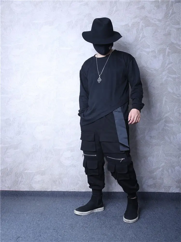 Men's Long-Sleeve T Shirt Spring And Autumn New Irregular Hem Stitching Ribbon Fashion Popular Casual Loose Large Size Jacket