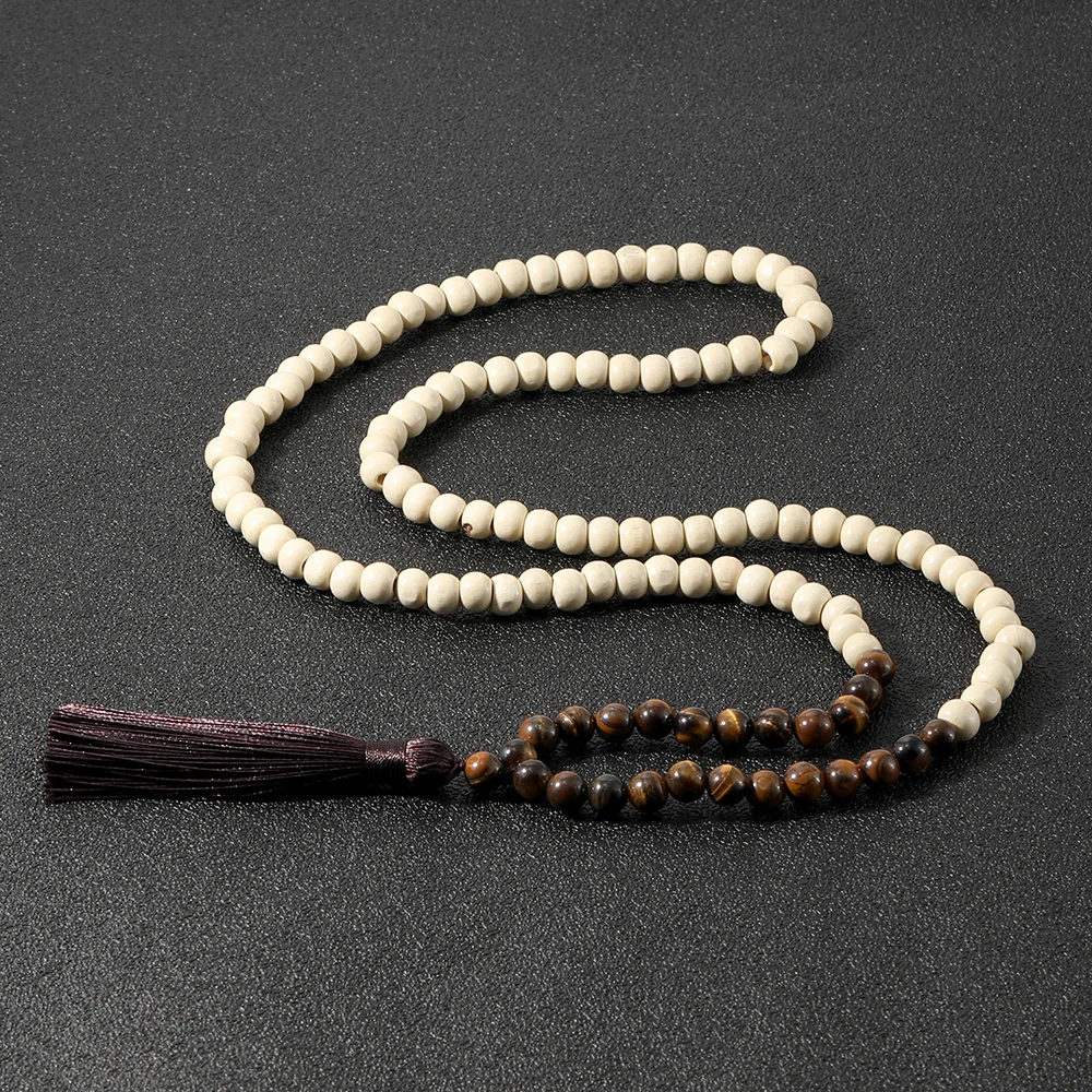 OAIITE Bohemian Wood Beads Prayer Necklace Natural Tiger Eye Stone Necklace Bracelet Women Men Yoga Energy Rosary Jewelry Set