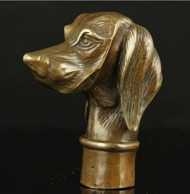 Pure Copper Brass old Grandpa Good Lucky Collectible Old Handwork Carving Vivid Dog Statues Cane Head Walking Stick