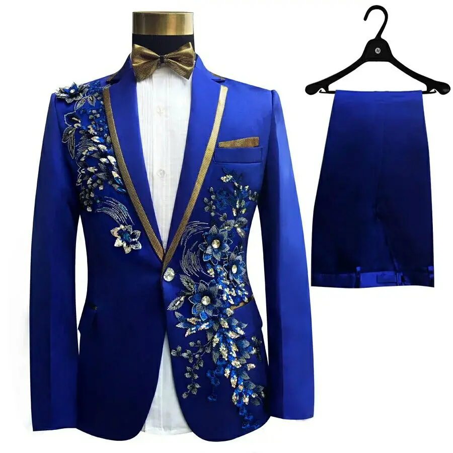 

(Jacket+Tie+Pants) Three Pieces Set Men's Suits Singer Performance Stage Show Sequins Embroidery Flower Blue Black Wedding Suit