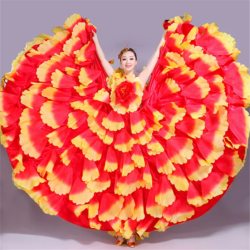 6Color Flamenco Dress Dance Gypsy Skirt Woman Spain Belly Costumes Big Petal Spanish Chorus Stage Performance Wear S-3XL