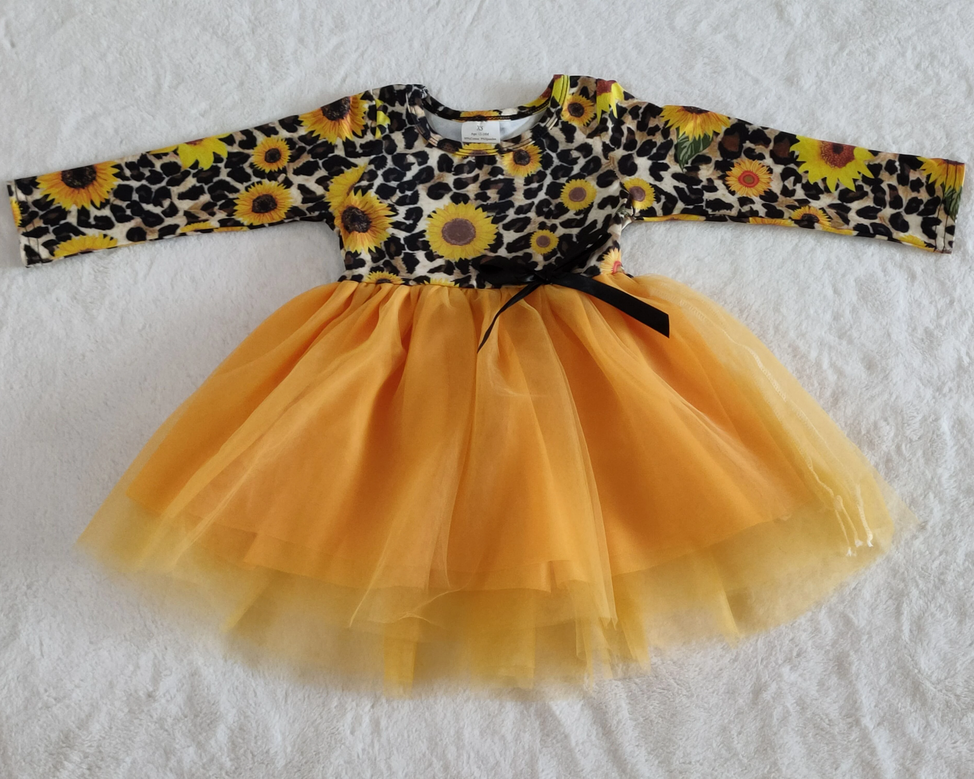 

Children's dress sunflower print long sleeve fashion clothes boutique bow girl party dress