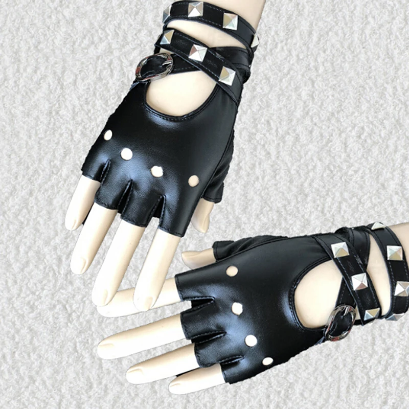 Guantes de cuero Pu negros Unisex Motion Punk Style para mujer, medio dedo, moda oscura, locomotora con remaches de baile