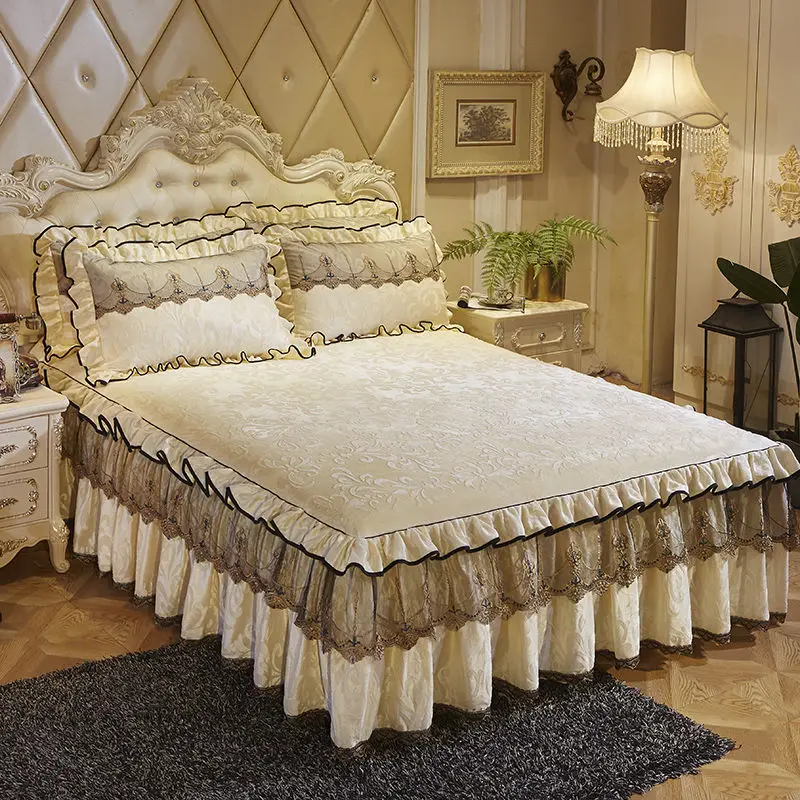 

3 Pcs Bedding Set Luxury Soft Bed Spreads Heightened Bed Skirt Adjustable Linen Sheets Queen King Size Cover with Pillowcases