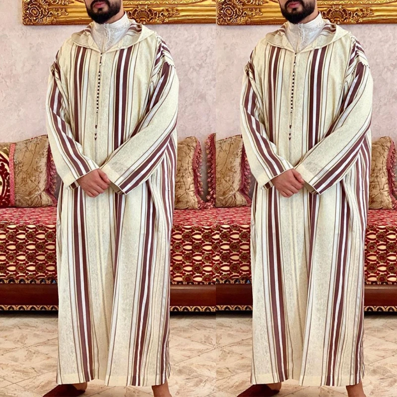 Muslim Dresses for Mens Long Sleeve Stripes Dubai Shirt Kaftan Thobe Robe Gown Straight Leisure Race Style Clothing