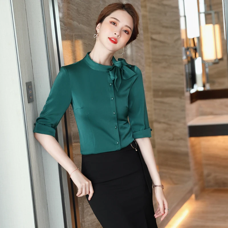 New Styles 2021 Summer Half Sleeve Blouses Shirts Elegant Red for Women Business Work Wear Bow Blouse Female Tops Clothes