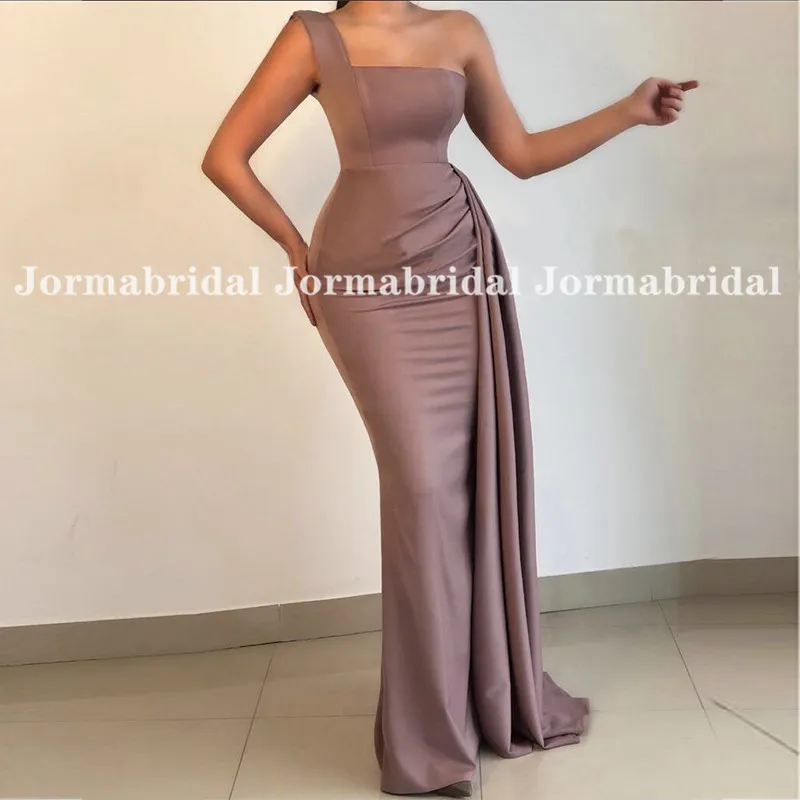 

One Shoulder Rosy Brown Prom Dresses With Ribbon Ruched Mermaid Stretchy Satin Evening Dresses Customize Long Formal Party Gowns