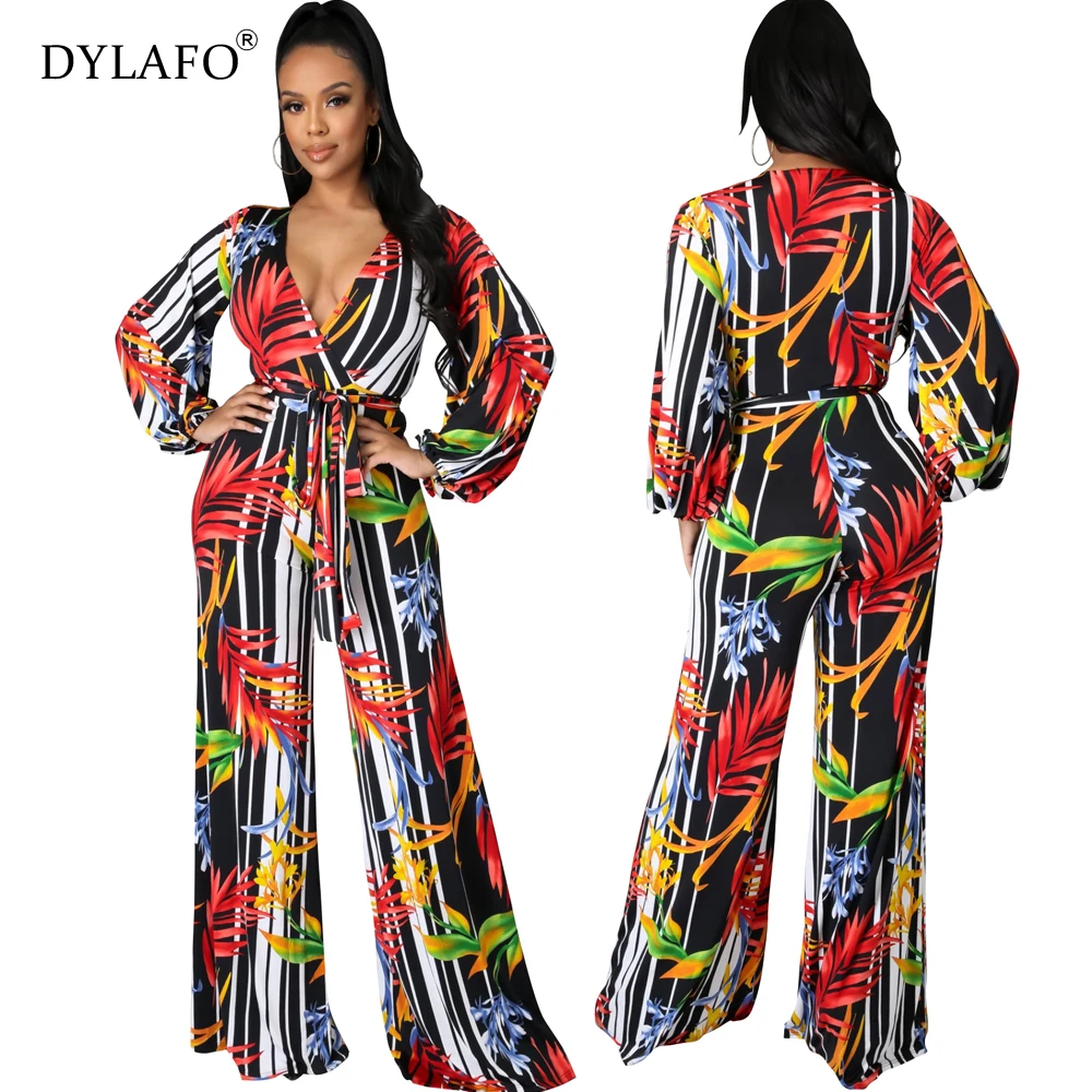 Sexy Fashion Jumpsuit For Women's Digital Print Rompers Long-Sleeve V-Neck Wide Legged Pants Stretch Loose Women's Jumpsuit