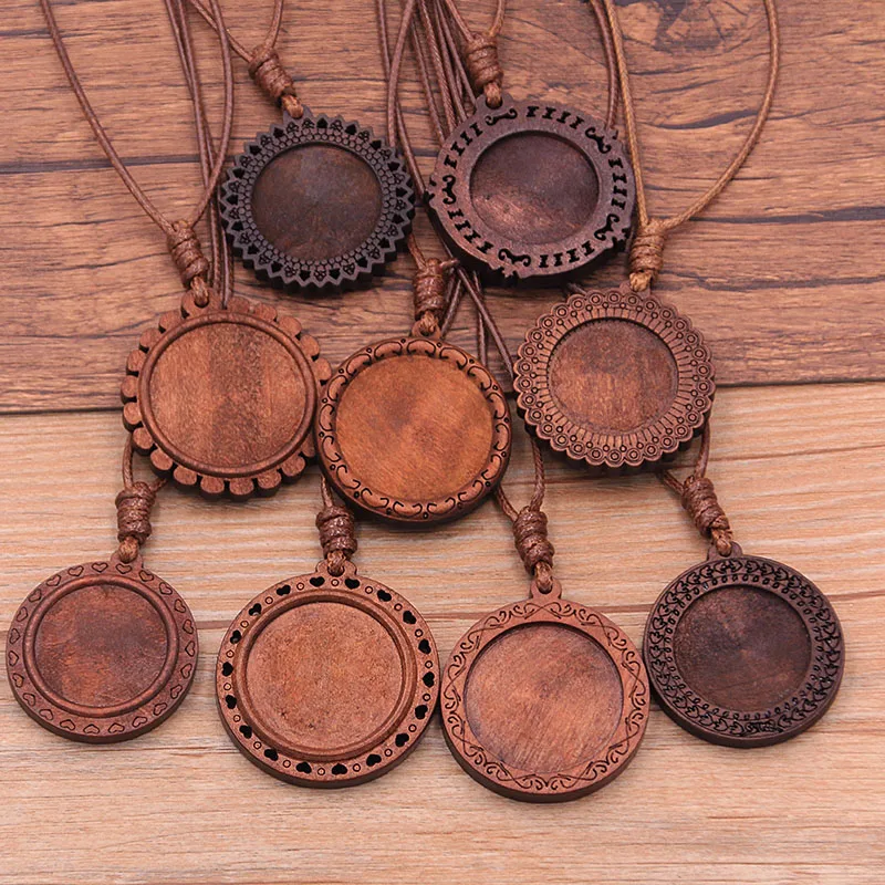 2pcs 25/30mm Inner Size Wood Cabochon Settings Blank Cameo Pendant Base Trays With Leather Cord For Jewelry Making