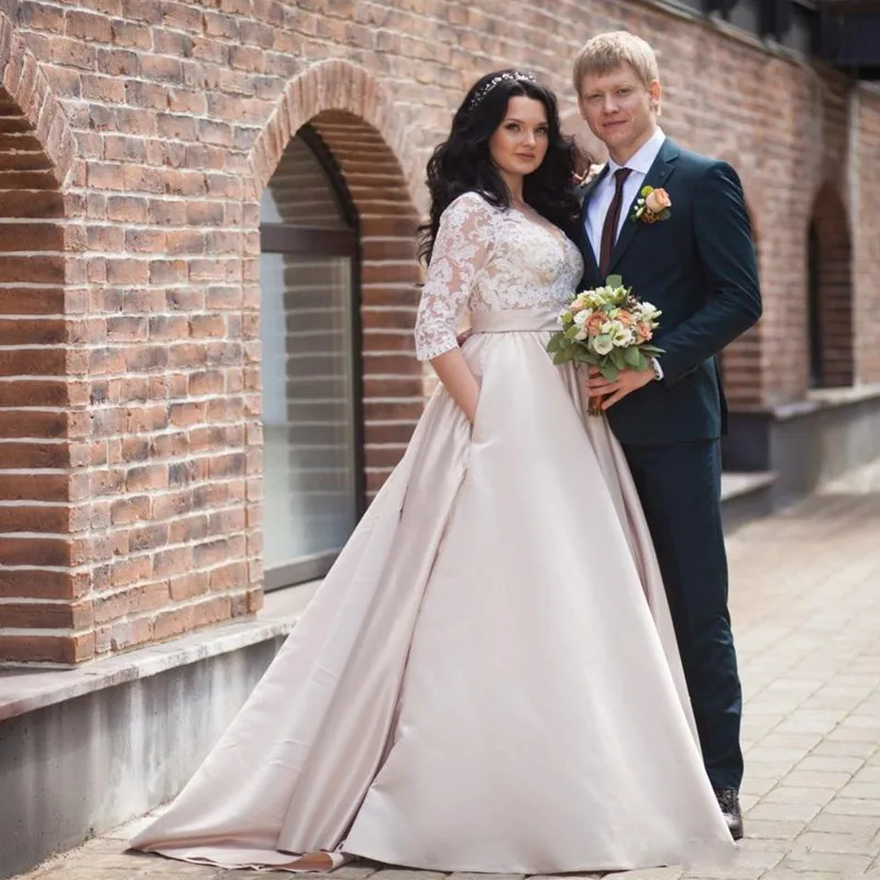 Vestido de novia largo blanco marfil, traje de novia de manga larga con apliques de encaje, hecho a medida, tren de barrido, 2023